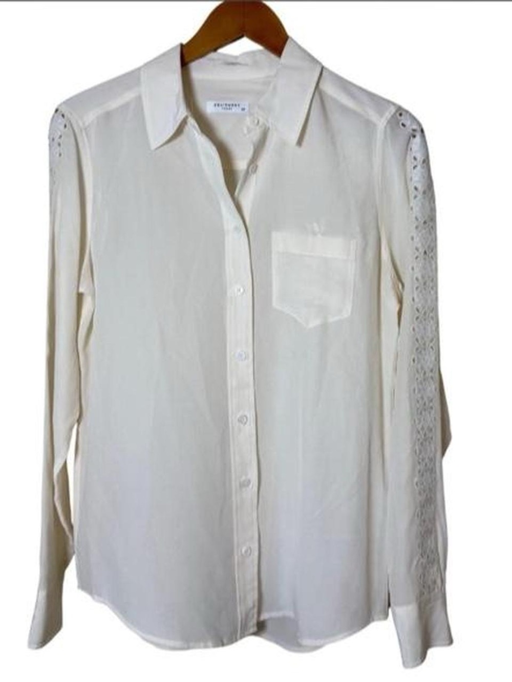 Vintage Equipment Silk Off White Cream Button-Up Blouse with Lace Sleeve Detail